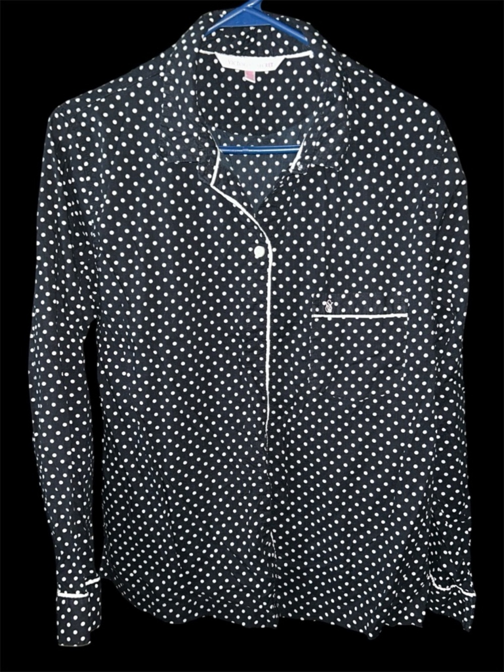 Victoria's Secret Black & White Polka Dot Pajama Top Button Up M Pink Piping